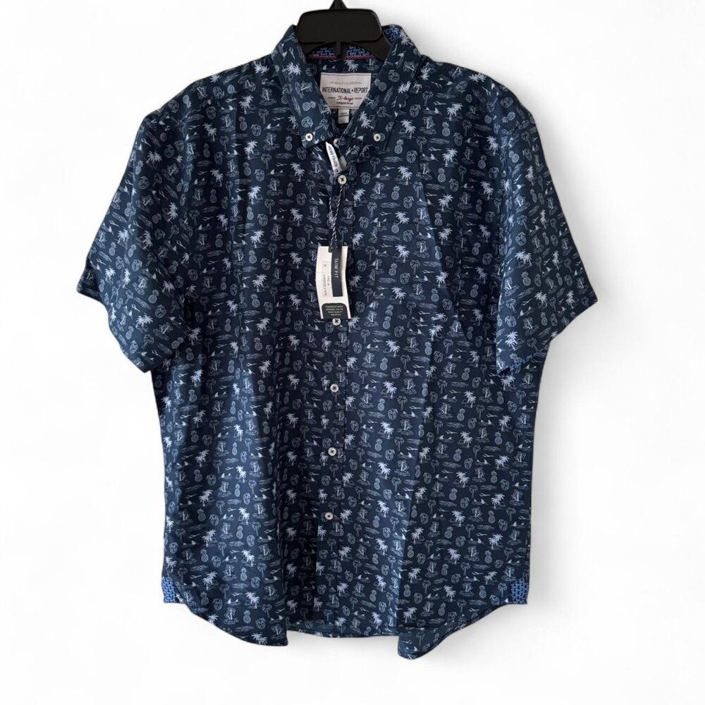 New Men’s XL International Report Tropical Palm Tree Pineapple Navy Blue Shirt